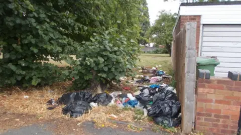 Black bin bags and other rubbish is strewn about under a tree near a wall on. It has been left on grass which looks to be part of a green space with a property on the right hand side.
