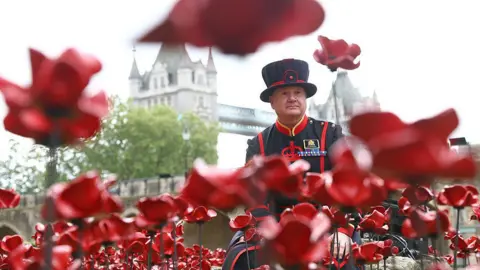 Getty Images A guard stands among the red poppies with Tower Bridge behind him.