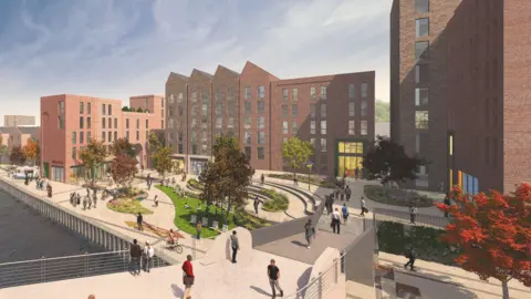 An artist's impression of East Bank Urban Village. There are red brick flats with stone paths, small areas of greenery and autumnal trees in front. People are walking on the paths.