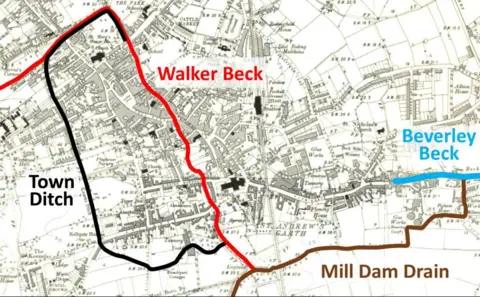 Kloskk Tyrer An historic map of Beverley showing the course of the three main streams that ran through the town