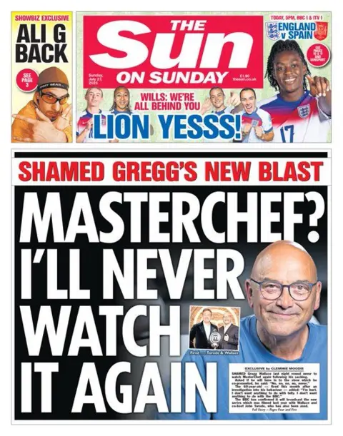 The Sun on Sunday's front page features a photograph of Gregg Wallace wearing a blue t-shirt, and the headline "MasterChef? I'll never watch it again." 