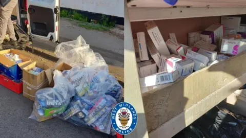 Two pictures. On the left illegal vapes are in a bin bag on the floor next to a van that they have been found in. On the right, lots of boxes of prescription drugs are on a wooden shelf in the van.