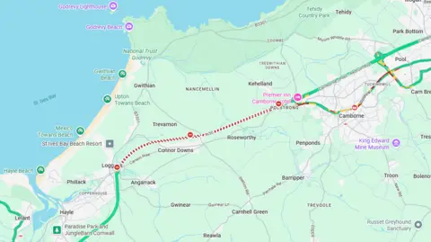 A map showing the stretch of road that has been closed, marked in red