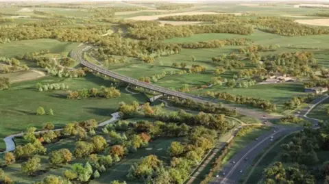 Norfolk County Council An artist's impression of part of the Western Link Road showing a bridge running through the Wensum Valley.