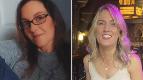 Leanne Thomas has long brown hair and is wearing black rimmed glasses and a grey jumper. Annemarie McWilliams has long blonde hair and is wearing a cream/gold dress. 