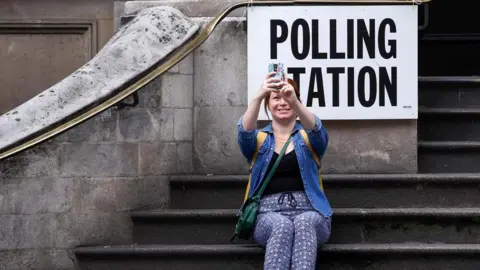 Getty Images Woman takes a selfie photo outside a polling station