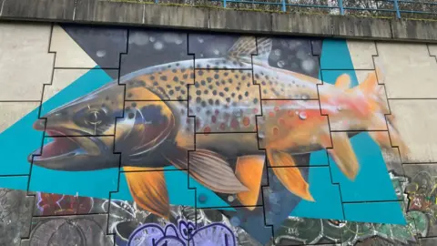 A colourful mural of a brown trout is painted on a concrete wall. There is a blue railing at the top.