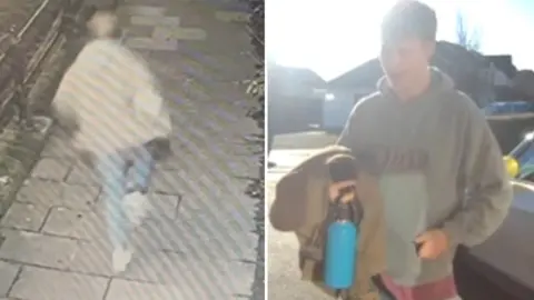 Wiltshire Police Two images of Sebastian Sailes. The left image is a CCTV capture of him walking along Lovers Walk in Chippenham. His back is to the camera. He is wearing blue jeans, white trainers and a beige jacket. The right image is from a Ring doorbell. He is standing in front of the camera, holding a blue reusable water bottle and his beige jacket. He is wearing a grey hoodie. 