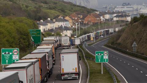 Lorries queuing at the Port of Dover
