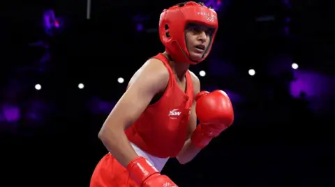 Jaismine of Team India looks on during the Women's 57kg preliminary round match between Jaismine of Team India and Nesthy Petecio of Team Philippines on day four of the Olympic Games Paris 2024 at North Paris Arena on July 30, 2024 in Paris, France. (Photo by Richard Pelham/Getty Images) Copyright