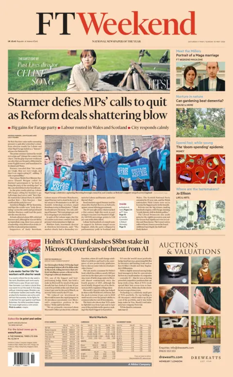 "Starmer defies MPs' calls to quit as Reform deals shattering blow," reads the headline on the front page of the FT Weekend.