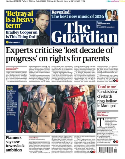 The main headline on the front page of the Guardian is "Experts criticise 'lost decade of progress' on rights for parents.