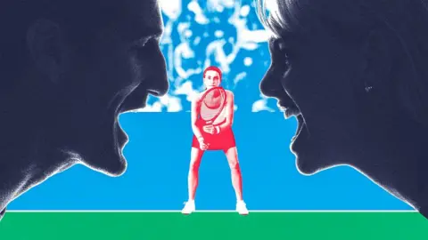 A graphic depicting adults shouting at a young tennis player