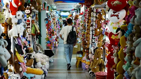 Xiqing Wang, Xiqing Wang A man walks down a hall lined with toys hanging up