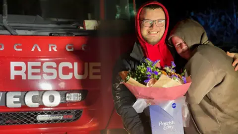 Davie Woodley-Kingston Davie Woodley-Kingston and his fiance Ashely Stevens are hugging each other in front of a fire engine. Davie is holding a bouquet of flowers.