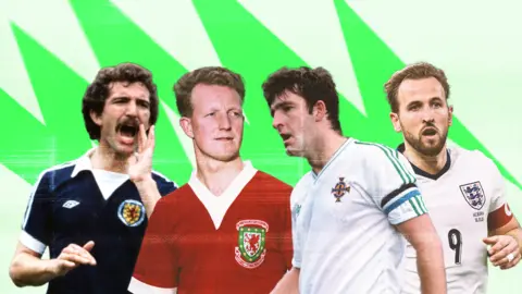 BBC A stylised image of four football players. Graeme Souness is shown on the far left in a dark blue Scotland shirt shouting to team-mates. Ivor Allchurch is centre left in a red Wales shirt, with a neutral expression on his face. Norman Whiteside is centre right in a white Northern Ireland shirt, also with a neutral expression. Harry Kane is shown on the far right in a white England shirt with a captains armband, with a neutral expression. The players are superimposed on a green zigzag background.