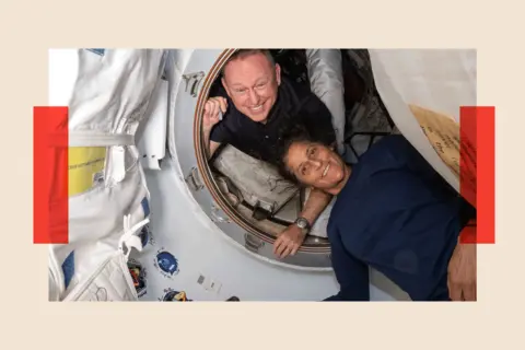 NASA Butch Wilmore and Suni Williams posing for a picture inside the rocket