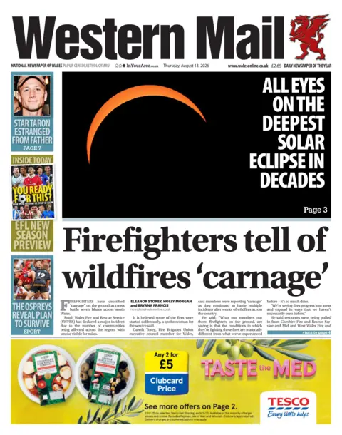 Western Mail Front page of the Western Mail with splash headline: "Firefighters tell of wildfires 'carnage'"