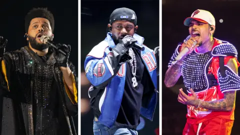 WireImage/Getty images The Weeknd,  Kendrick Lamar and Chris Brown perform on stage