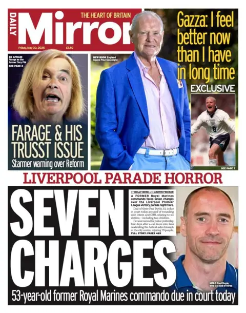 The headline on the front page of the Daily Mirror reads: "Seven charges".