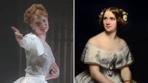 A composite image of two pictures side by side. On the left is a picture of Rebecca Ferguson singing on stage while playing the role of Jenny Lind. She is dressed in a white dress with a white bolero over the top and is reaching out her arm to her right. On the right is a portrait of Jenny Lind. She is looking off to her right and has a white dress on. She has brunette hair with flowers in it.