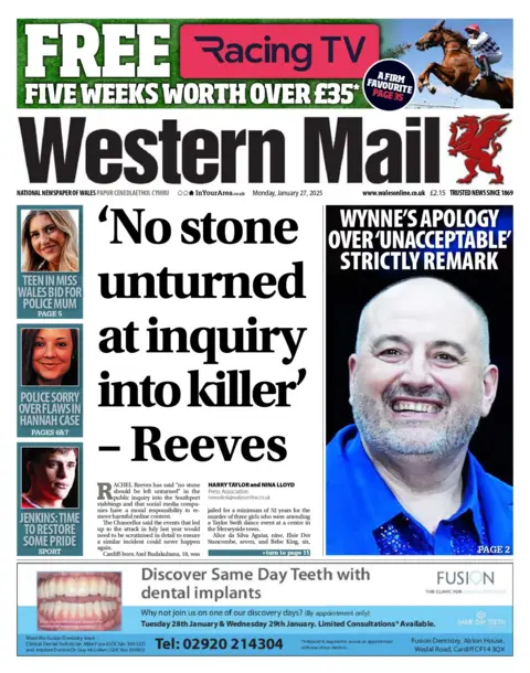 Western Mail Western Mail front page headlined: 'no stone unturned at inquiry into killer' - Reeves