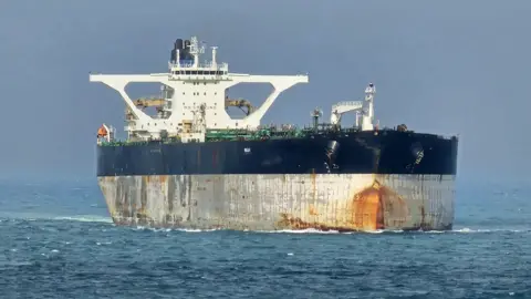 Hakon Rimmereid / AFP via Getty Images) The Russian tanker Marinera that was seized by US and British troops, photographed on March 18 2025.