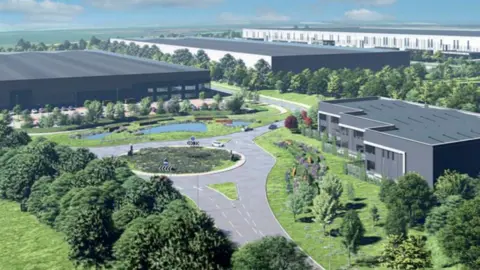 An artist's impression of what a number of warehouses could look like, including several grey buildings, a roundabout, roads, trees, grass areas, and bushes. 