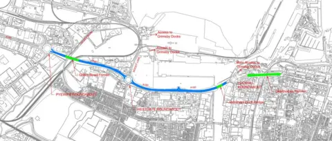 North East Lincolnshire Council A black and white map with blue and green markings denoting the area where the work is taking place.