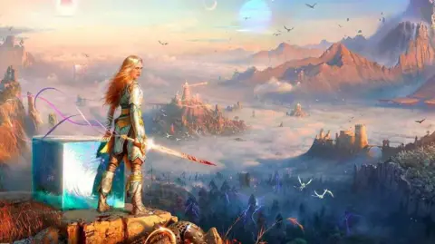Sony A fantasy landscape showing a female warrior stood on a hill on the left. She is wearing full body silver armour and holding a sword, she has long blond hair. In front of her is a misty view of mountains and castles 