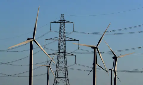 PA Media wind turbines and electricity pylons against a blue sky