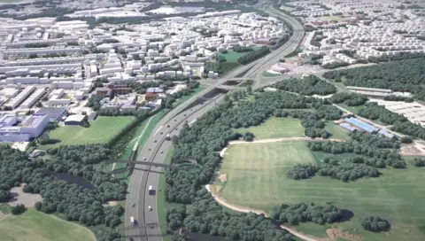 An artist's impression of what the A38 upgrades would look like, showing a new flyover and roundabout