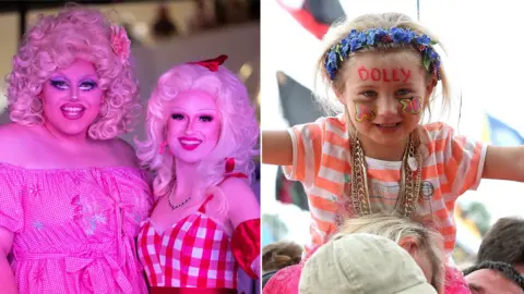 Split screen image of drag queens (L) and a young girl with Dolly written on her forehead (R)