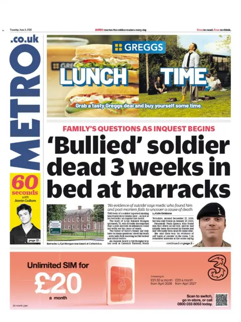 The headline on the front page of Metro reads "'bullied' soldier dead three weeks in bed at barracks.