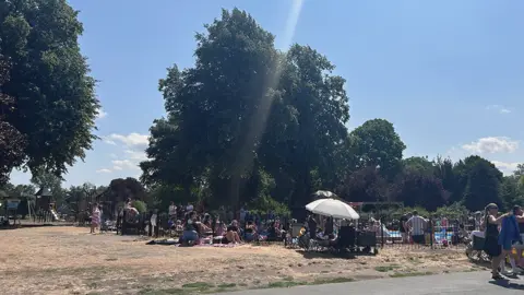 A crowd of people inside and surrounding the paddling pool. There is grass in the foreground and trees in distance