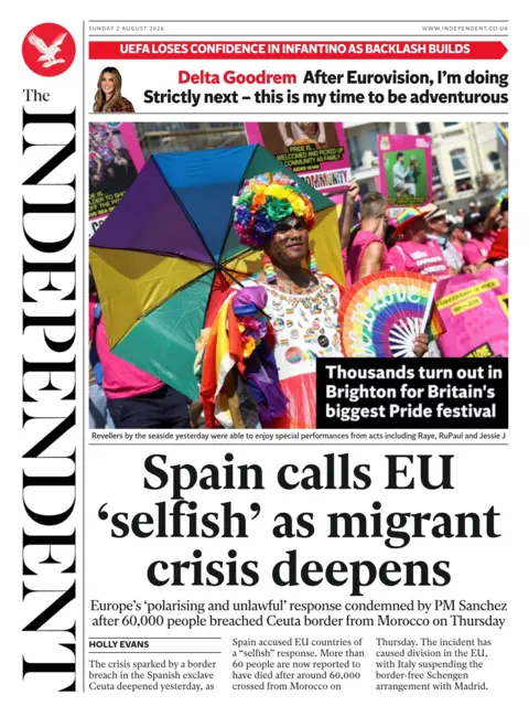 The headline on the front page of the Independent reads: "Spain calls EU 'selfish' as migrant crisis deepens."