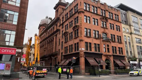 BBC A general view of Wilson Street in Glasgow following a fire at a hotel