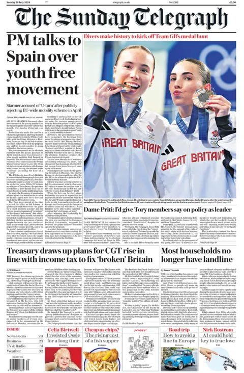 The Sunday Telegraph headline reads: "PM talks to Spain over youth free movement"