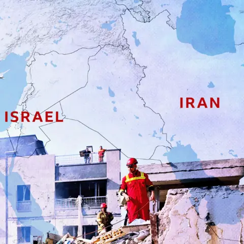 BBC Stylised image showing a map of Iran overlaid on damaged buildings