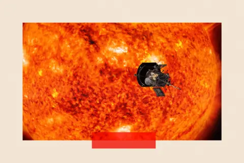 NASA Gambar yang diolah menunjukkan konsep seniman tentang pesawat ruang angkasa Parker Solar Probe yang mendekati matahari oranye/merah.