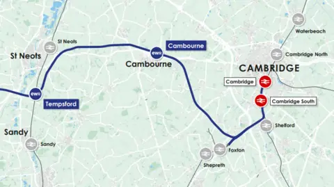 East West Rail A map has a blue line showing the route for East West Rail between Cambourne and Cambridge. There is a circle indicating a station at Cambourne before the route heads in a south-easterly direction, then goes north-east towards Cambridge South station, which is marked by a red circle with a railway sign in the midd