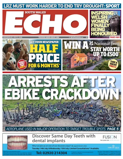 South Wales Echo South Wales Echo front page: Arrests after ebike crackdown
