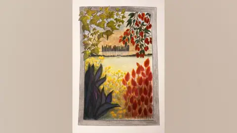 ALABARÉ A pencil drawing of a landscape with flowers and plants in the corner. The picture depicts a body of water and tall buildings in the distance in front of a sunset.