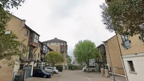View down Pankhurst Avenue showing a quiet residential courtyard lined with modern beige-brick apartment blocks on both sides, each with small balconies and external stair features. A paved lane runs through the centre with a few parked cars and a white van, while leafy trees frame the scene under an overcast sky.