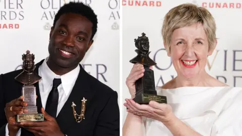 PA Media Actors Paapa Essiedu and Julie Hesmondhalgh with their trophies at the Olivier Awards
