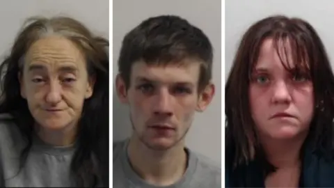Three people's mugshots; A woman to the left, a man in the middle and another woman to the right.