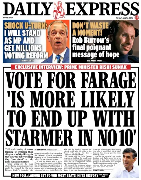 Vote for Farage 'is more likely to end up with Starmer in No10, reads the front of the Daily Express