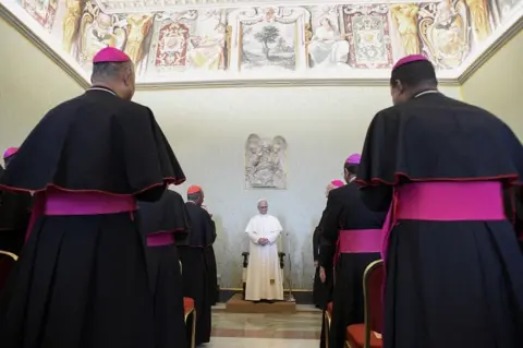 EPA / EFE Bishops dressed in black and purple cassock rise from their seats, as the Pope stands at the front of the room and addresses them.