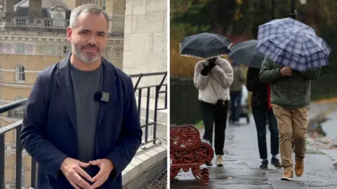 (Left) BBC Weather presenter Ben Rich, (right) three people covering their heads with umbrellas.
