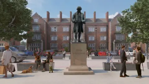 Stoke-on-Trent Council An artist' s impression of the statue. The 3D rendering showing a bronze statue central to the image, with a brown brick building in the background and a footpath in front.